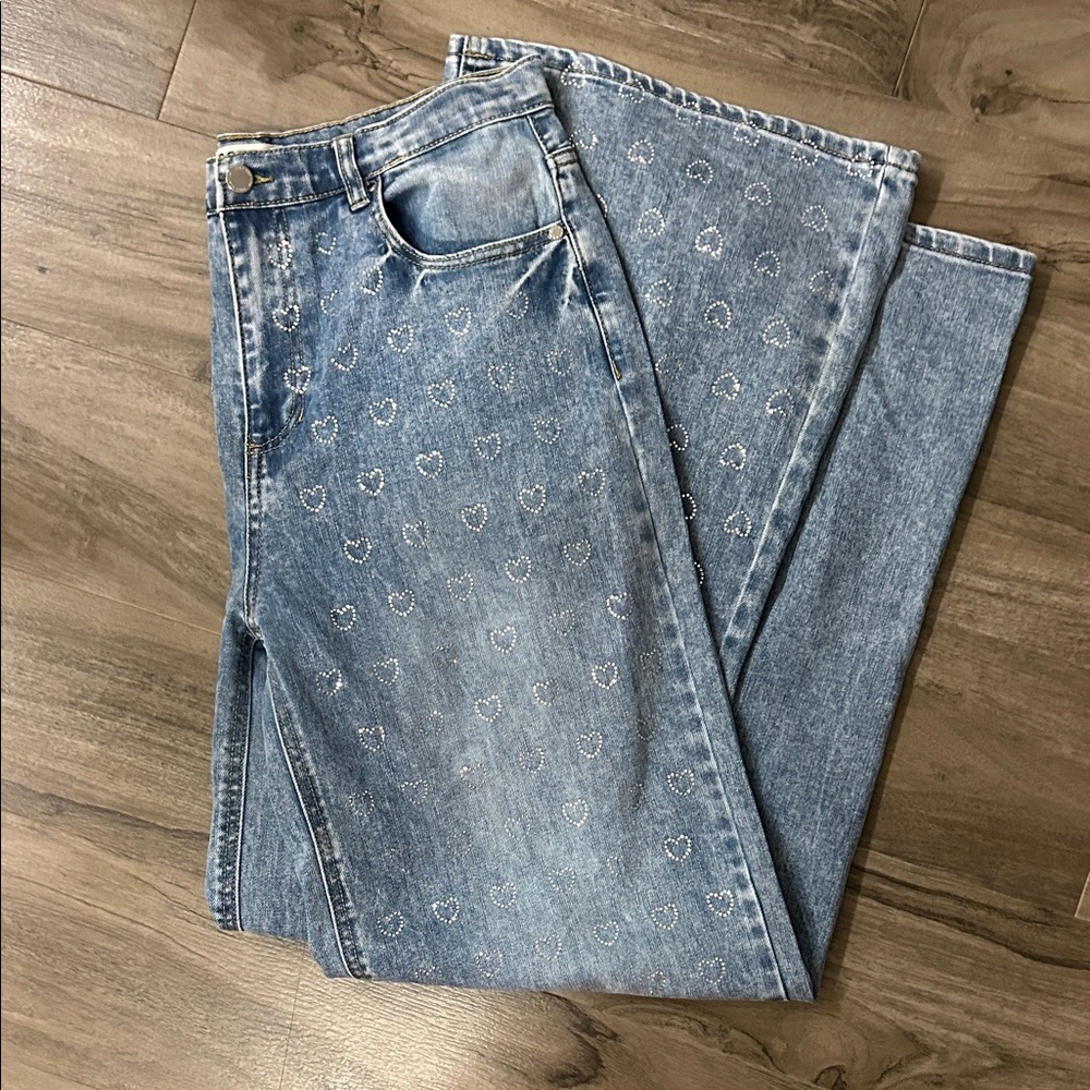 High-Rise Wide Leg Heart Print Jeans - Light Blue - Picture 4 of 5